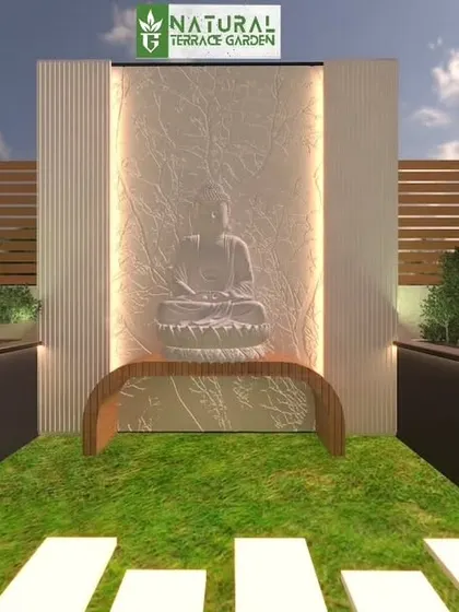 A serene focal point for a terrace. This render features a Buddha statue against a backlit marble wall, creating a peaceful and meditative atmosphere.
