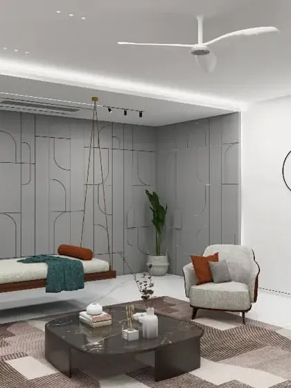 This render illustrates the formal living area at Park West, where a suspended swing offers a unique seating element. The design balances comfort with a refined aesthetic, using a neutral palette and clean lines to create a timeless look.