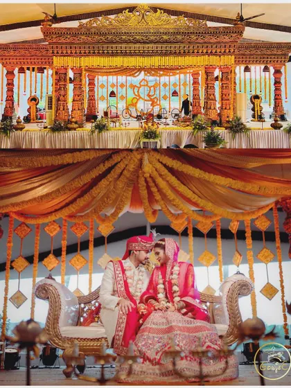 A collage showing a grand traditional wedding stage and the couple seated on it.