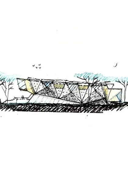 An initial ideation sketch for the JNC Auditorium, showing a more angular and fragmented facade concept.