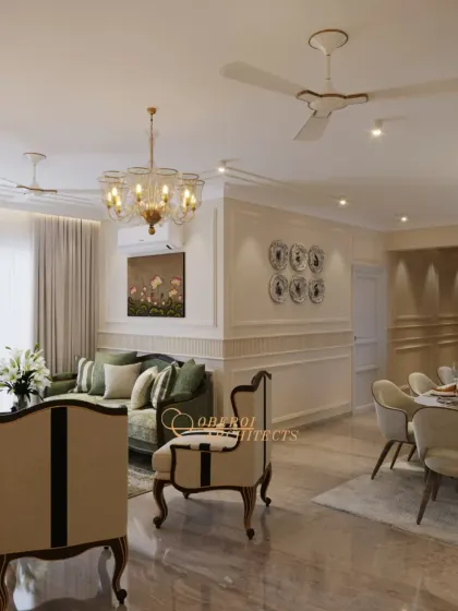 The final, fully furnished and lit space, demonstrating how the initial vision is brought to life with textures, colors, and classic furniture.