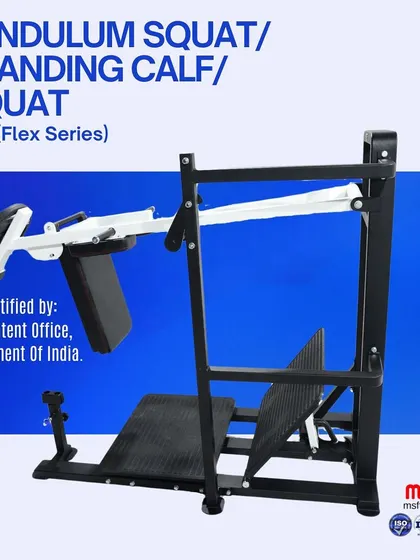 Our patented 3-in-1 Pendulum Squat, Standing Calf, and Squat machine from the Flex Series, certified by the Government of India Patent Office.