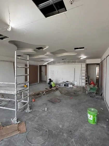 A look at the custom ceiling work in progress at the Carlsberg office. The organic, free-form shapes are being installed, a key design element that will define the character of the boardroom and breakout areas.