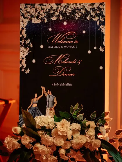 A custom welcome sign for an intimate Mehendi and Dinner event, featuring an illustration of the couple and setting a sophisticated tone for the evening.
