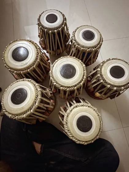 My beloved set of tablas. Each one is tuned to a different scale, allowing me to be ready for any recording session or performance, no matter the key of the song.