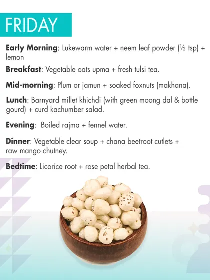 Friday's summer plan starts with neem and lemon water to purify the system. Meals like barnyard millet khichdi and chana beetroot cutlets are both nutritious and help keep the body cool.