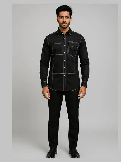 Another framed, full-length shot that emphasizes the shirt's modern aesthetic and its place in a sophisticated wardrobe.