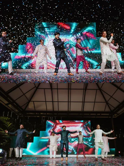A diptych of the groom's high-energy dance performance with his friends, complete with confetti and jumps.