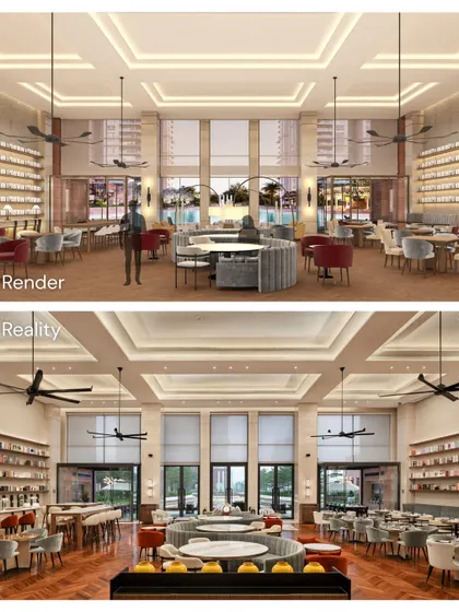 This is where our vision meets reality. This comparison shows the journey of the Elevate Clubhouse dining area from a detailed digital render to the finished space. Our process ensures that the intended atmosphere, materiality, and spatial quality are meticulously translated from concept to construction, delivering on our promise of design integrity.