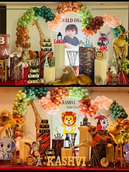 We can customize our jungle theme to fit your vision. This setup for Kashvi's "Wild One" party includes a mix of cartoon and plush animals, creating a playful and inviting atmosphere on stage.