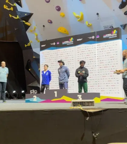 The awards ceremony in Bern, with the climbing wall in the background where all the hard work paid off. This is what we train for, moments of pure achievement.