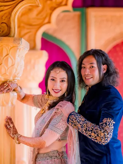 A happy portrait of my clients from Japan, looking radiant in their traditional Indian outfits. It was a joy to capture their cross-cultural love story.