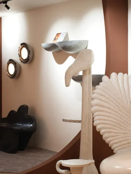 Scenes from our Nature's Alchemy Collection exhibit at India Design Mumbai. Showcasing our sculptural art pieces, including the winged Pakhru chair, the dark Coral bench, and whimsical cactus sculptures.