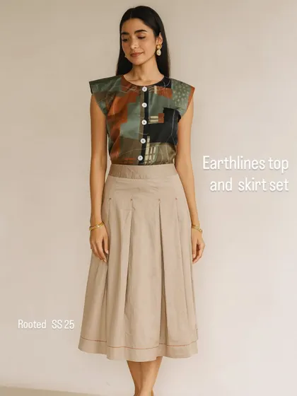 The Earthlines top and skirt set is an ode to grounded elegance. The top features my abstract art in earthy tones, while the pleated skirt offers a timeless silhouette. Crafted from premium, breathable fabric, this co-ord set is designed for comfort without sacrificing style.