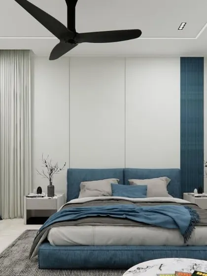 This modern bedroom is a perfect blend of relaxation and style, featuring a calming palette of blue, white, and gray. A sleek built-in workspace is integrated into the design, ensuring the room is as functional as it is beautiful.