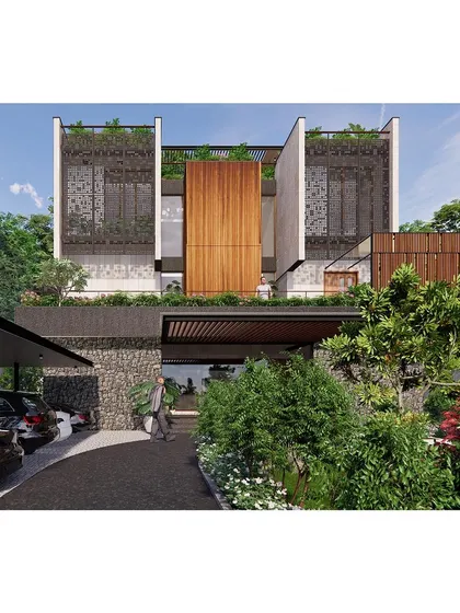 A preview of an upcoming residential project where tropical luxury meets modern elegance. The design features a dynamic composition of stone, wood, and intricate jaali screens, all integrated within a lush landscape.