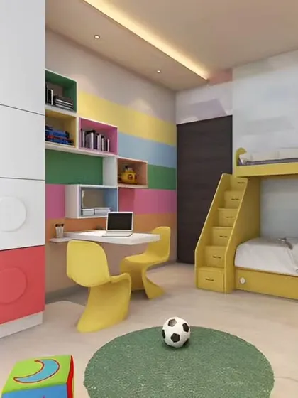 A wider view of the LEGO-themed kids' room. This angle shows how the colorful wardrobe, yellow bunk bed, and multi-colored wall stripes come together to create a vibrant and playful space for siblings.