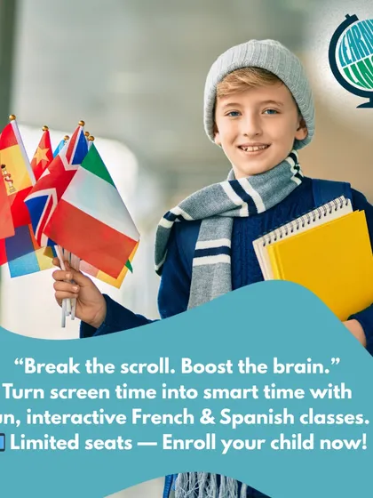 Turn your child's screen time into smart time. Our fun, interactive French and Spanish classes are a productive way to break the scroll and boost their brain.