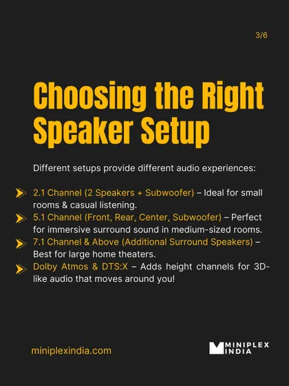 This guide explains the different speaker setups, from a basic 2.1 channel system to a full-blown Dolby Atmos setup with height channels for 3D audio.