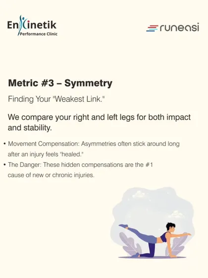 Metric three is Symmetry. I compare your right and left legs to find hidden imbalances, which are often the number one cause of chronic or recurring injuries, even long after a previous injury feels healed.