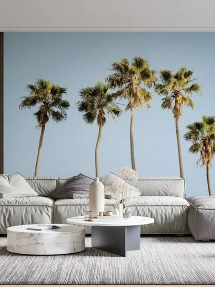 A clean and modern take on the palm tree theme, with tall trees set against a clear blue sky. This design adds a fresh, coastal vibe to any room, making it feel bright and airy.