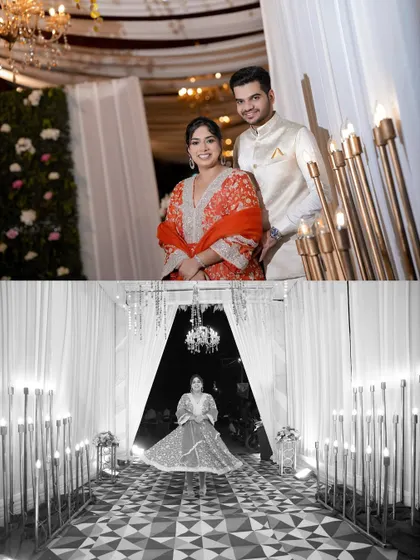 A creative collage showing the couple's portrait and a dramatic black and white shot of the bride's solo entry.