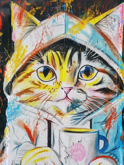 A close-up on the cat's face, showing the details in its eyes and the playful, splashy paint technique we used.