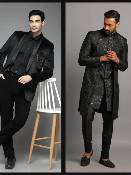 A black velvet blazer and a black embroidered sherwani. Two ways to wear black with texture and sophistication.