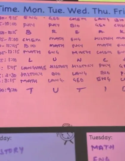 A close-up of the study planner, showing how a student can map out their classes and homework for the week.