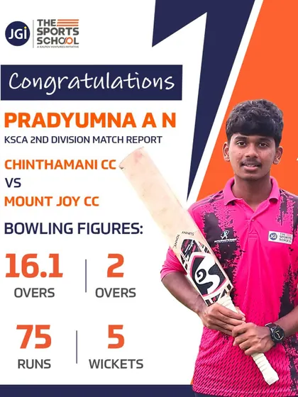 Congratulations to our student-athlete Pradyumna A N for his fantastic 5-wicket haul in the KSCA Division 2 League.