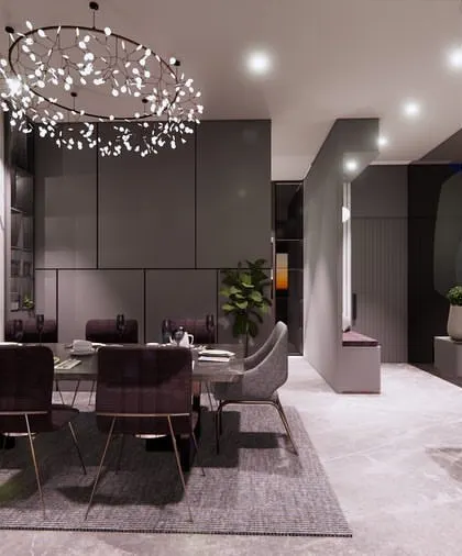 The dining area in our budget-luxe concept. We used an affordable laminate that mimics marble and a stunning chandelier to create a high-impact focal point.