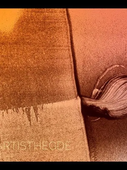An untitled abstract sand painting with strong vertical and horizontal elements. The flowing lines on the right add a touch of organic movement to the structured composition.