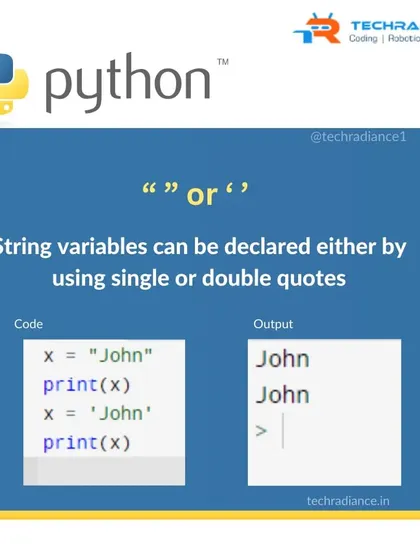 This graphic explains that string variables in Python can be declared using either single or double quotes.