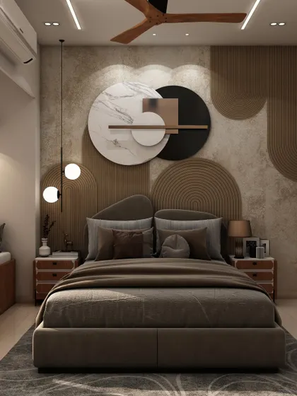 A bedroom with a striking accent wall combining textured panels and a large, abstract art piece. The earthy tones create a warm and grounded atmosphere.
