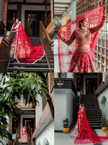 A collage of the bride's portraits, showcasing her stunning red lehenga with a long veil in various architectural settings.
