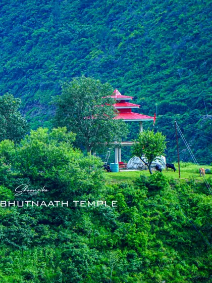 A closer look at the vibrant red roof of the temple against the dense green foliage. I love capturing these details that show the character of our local architecture.