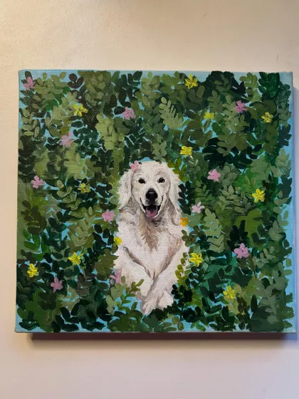 This sweet Golden Retriever was the "paw-some witness" at a wedding! I painted this piece to be included in the couple's wedding album, a beautiful reminder of their furry family member.