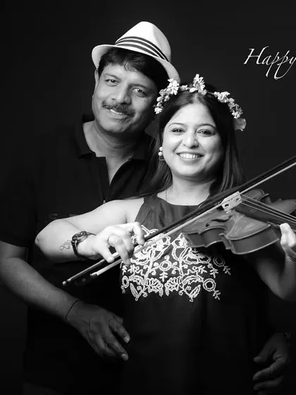 A black and white version of the anniversary portrait, with "Happy Anniversary" text added for a personalized touch.