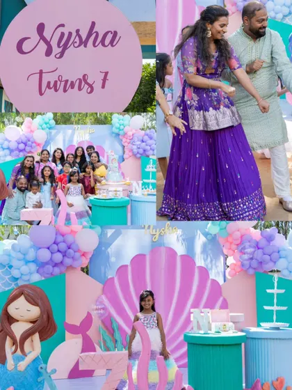 A collage of a fun-filled mermaid-themed seventh birthday, showing the decor, cake, and guests dancing and enjoying the party.