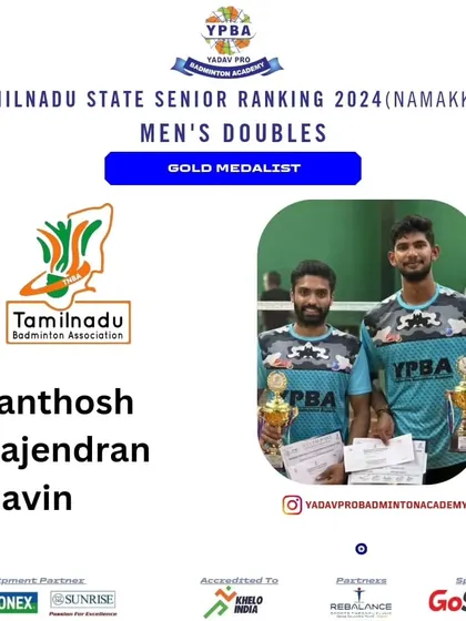 Santhosh Gajendran and Navin winning the Men's Doubles Gold at the Tamil Nadu State Senior Ranking in Namakkal.