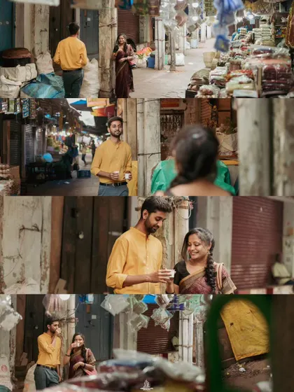 A collage from a vintage-themed pre-wedding shoot in a Mysuru market, capturing the couple's interactions.