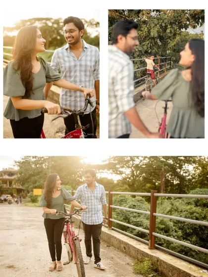 A collage from a fun pre-wedding shoot featuring a bicycle. Using props and activities like this is a great way to spark natural interactions and capture candid moments.