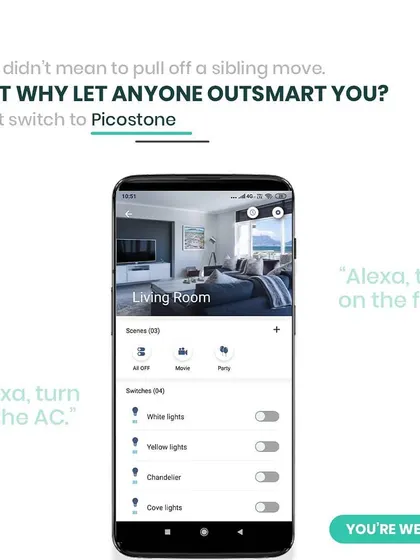 Don't let anyone outsmart you. This graphic shows how the Picostone app, combined with voice commands, puts you in complete control of your fans, ACs, and lights.