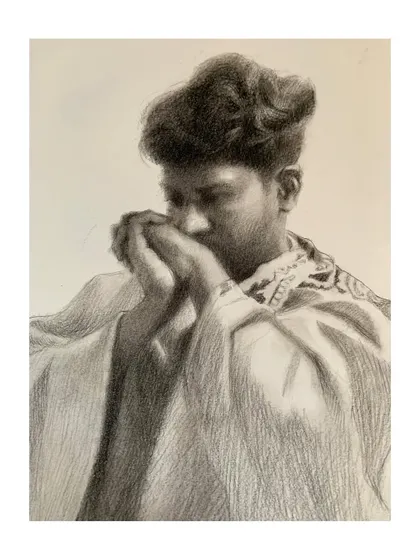A self-portrait from a different period, rendered in pencil. The focus here is on the structure of the face and the texture of the hair, a practice in pure observation.