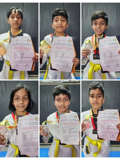 Students with their gold, silver, and bronze medals from the Shri R.C. Verma Memorial Winter Cup Taekwondo Championship.