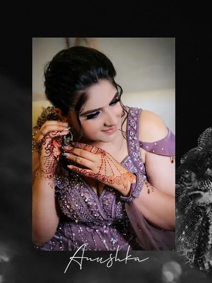 A lovely portrait of bride Anushka, getting ready for her ring ceremony, her hands adorned with henna.