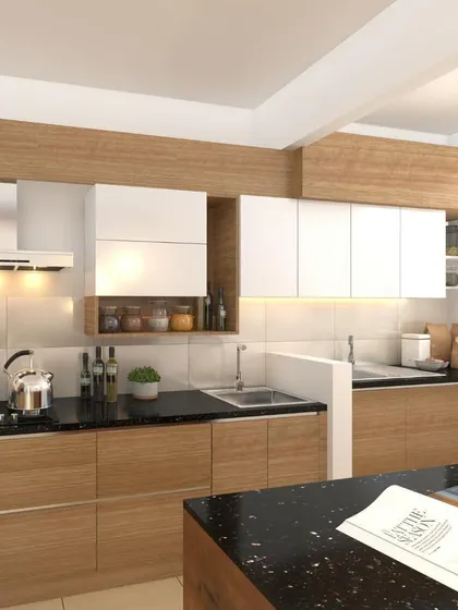 A 3D render showing a different perspective of the wood-grain kitchen, highlighting the island and the flow of the space.