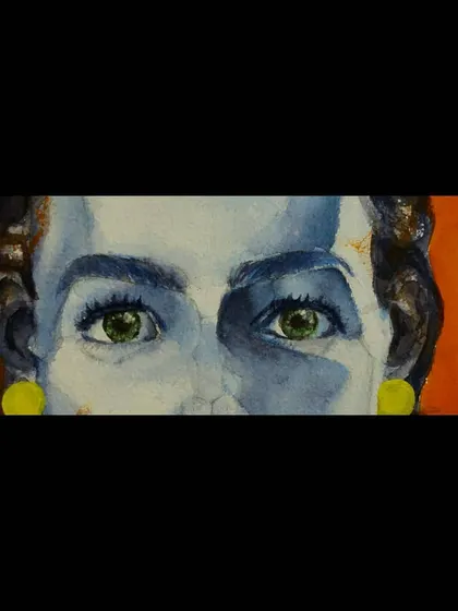A cropped view focusing on the eyes of my orange and blue mixed-media portrait.