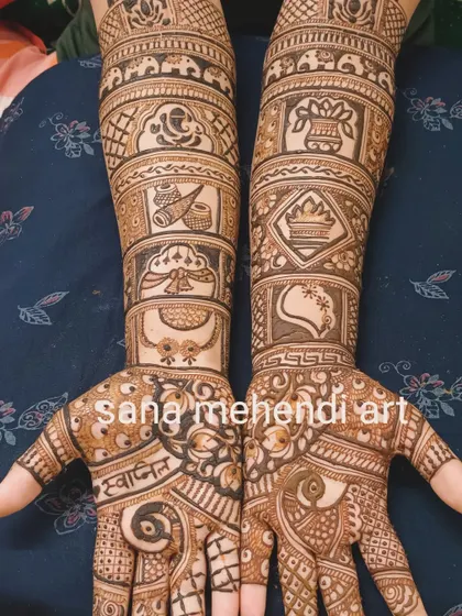 This design is filled with symbolic elements of a Hindu wedding, including a kalash (pot), coconut, and other ritual items, creating a story of traditions.