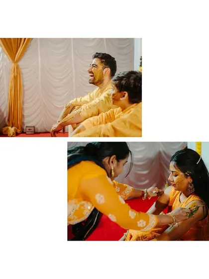 A candid moment during an intimate Haldi ceremony, showing the traditional application of turmeric.